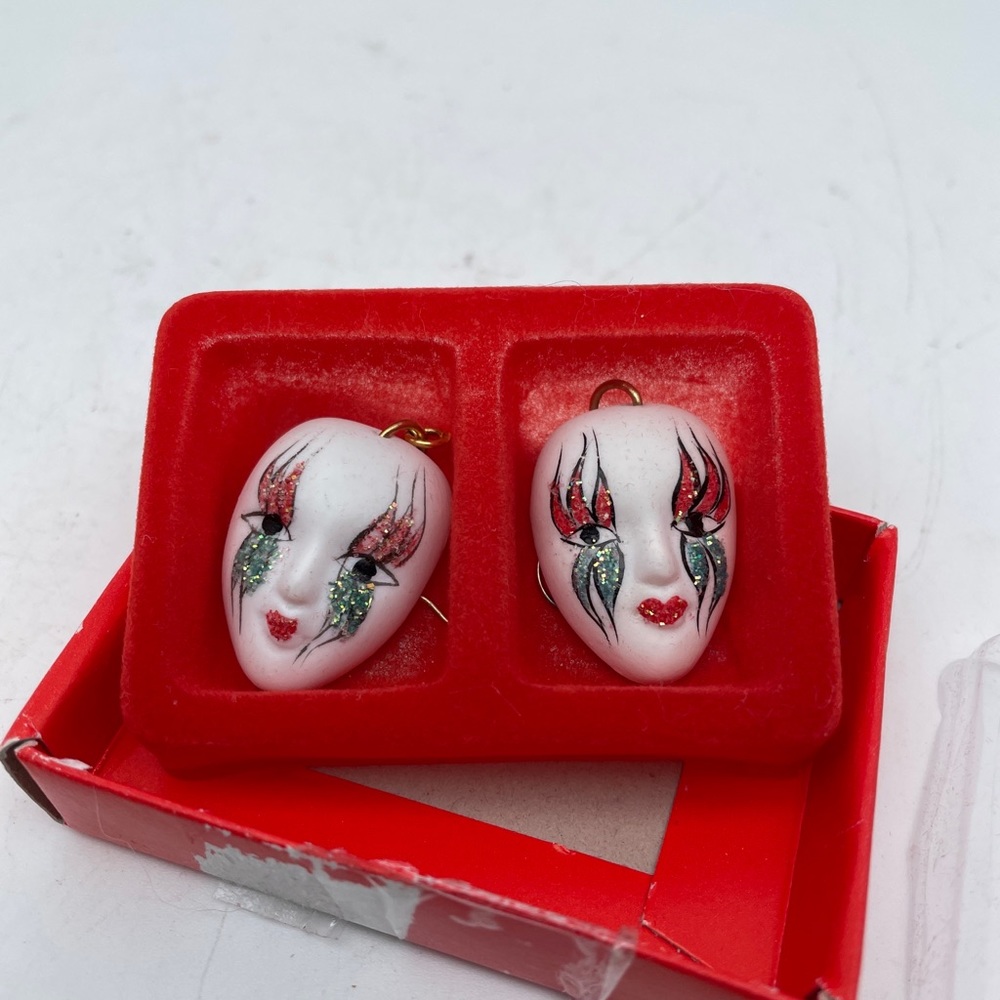 Vintage Hand Painted Mardi Grass Mask Earrings w Fish Hooks In Original Box.
